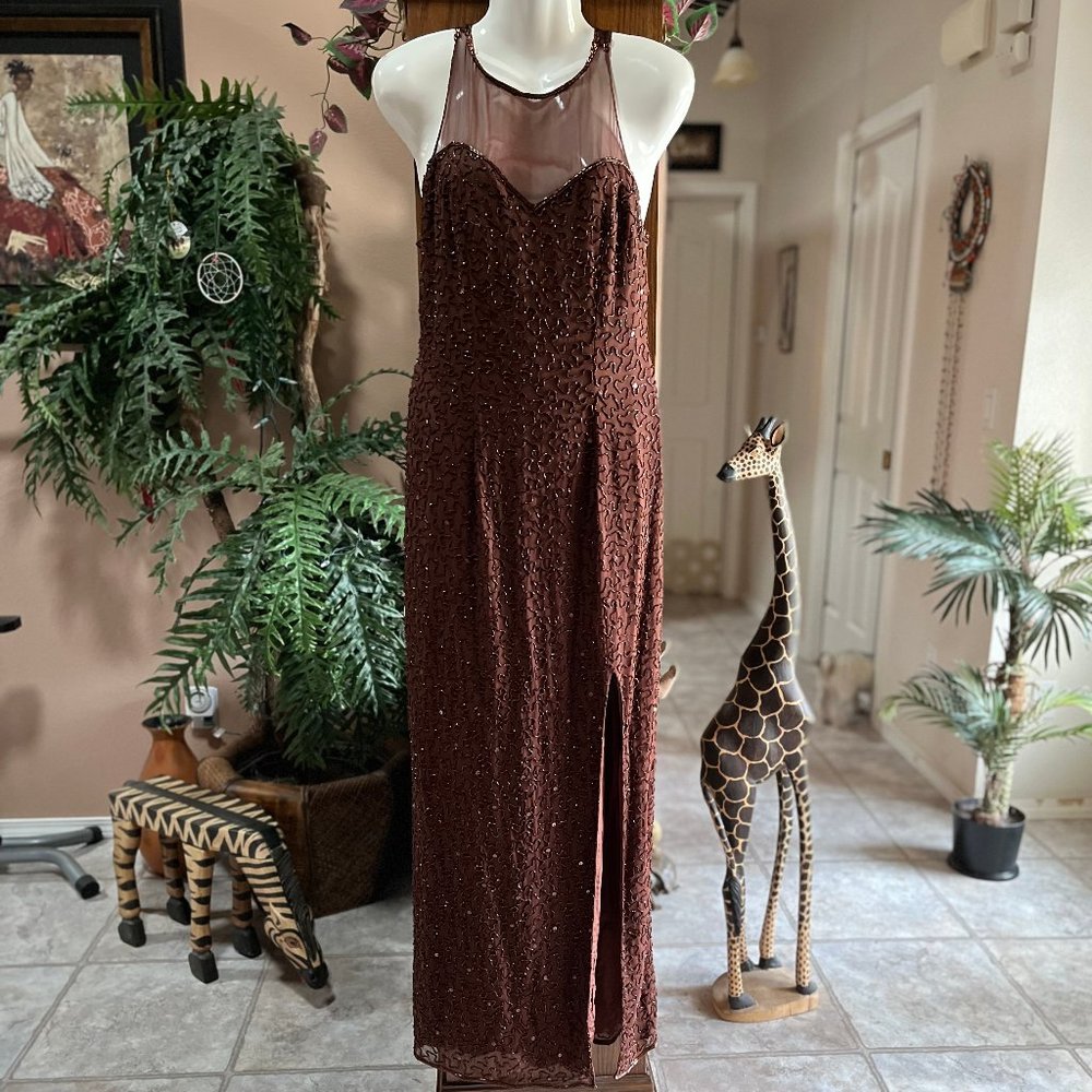 Evening Dress in coppery brown, beaded